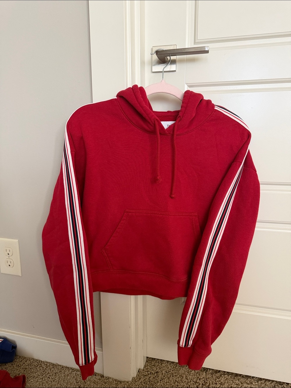 Aritzia TNA Red Pullover Hoodie with Striped Sleeves